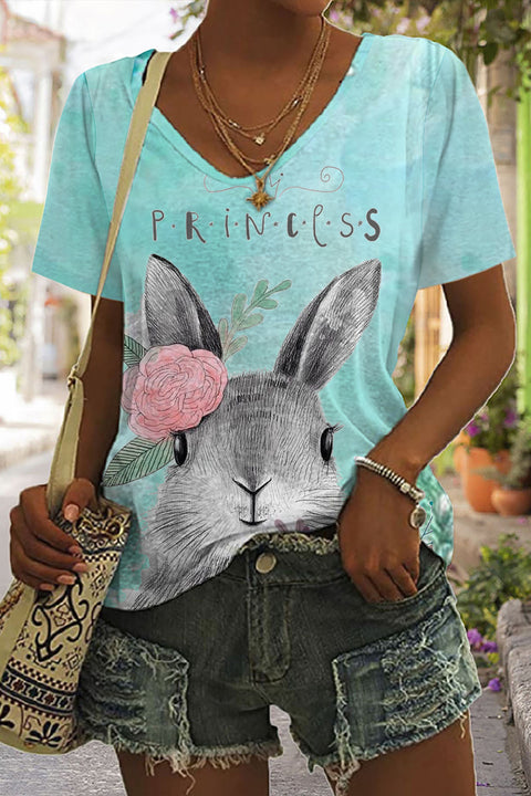 Happy Easter Day Bunny Princess Print V-neck T-shirt