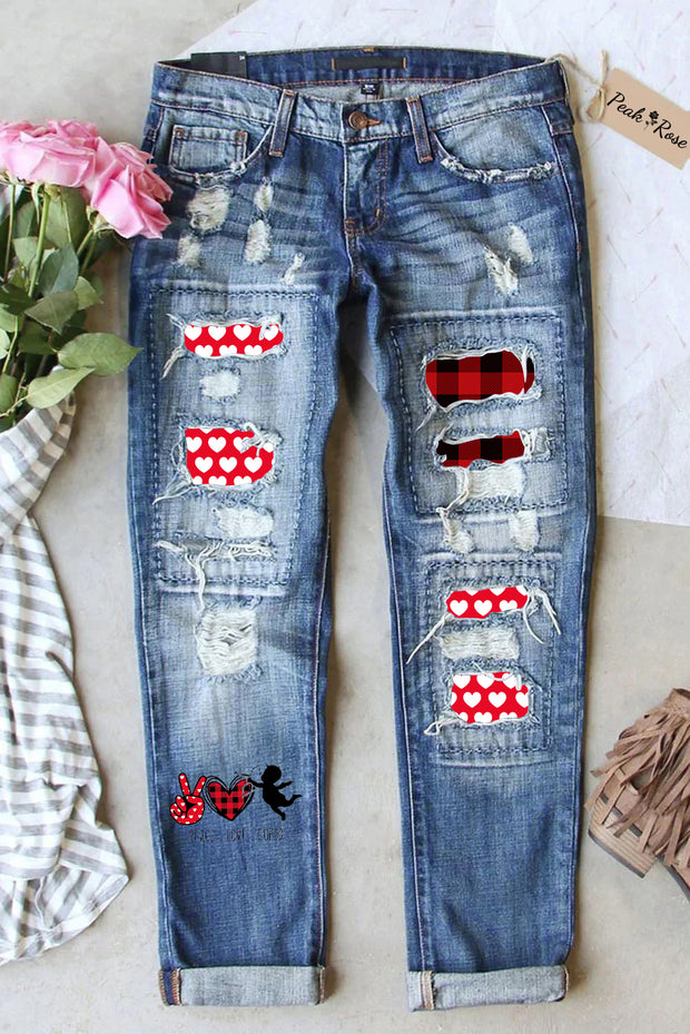 Peace Love Cupid Print Denim Jeans