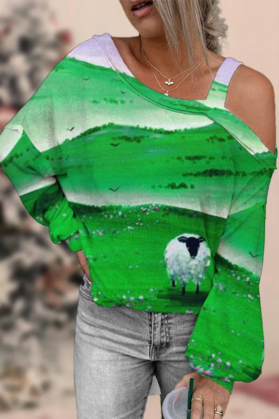 Casual Sheep In the Green Hills Printed Off-shoulder Blouse