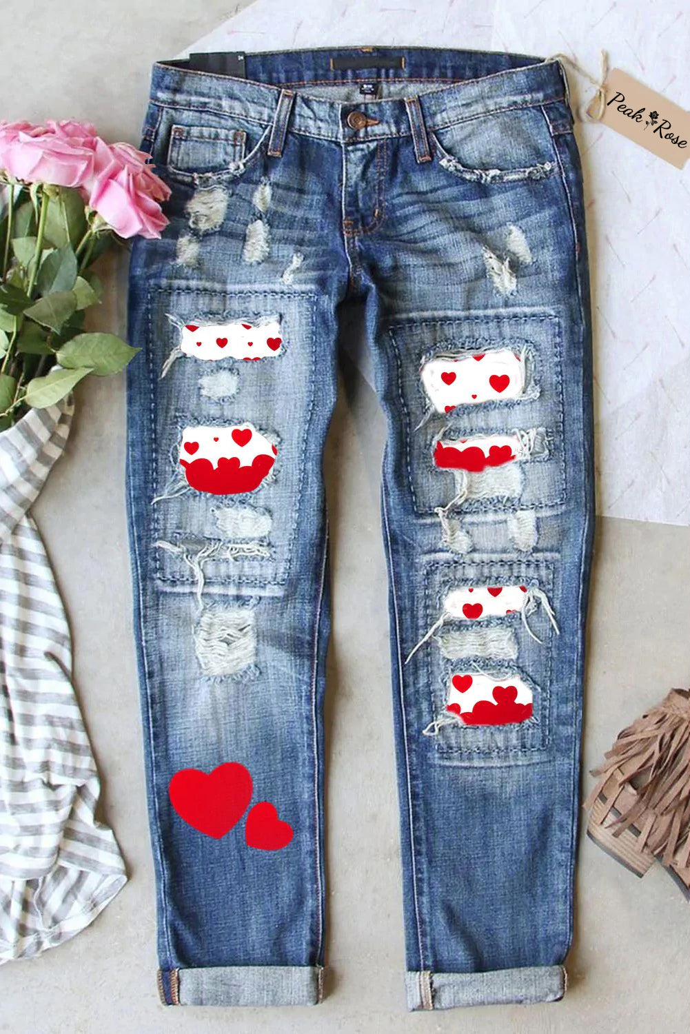 Love Heart-shaped Print Ripped Denim Jeans