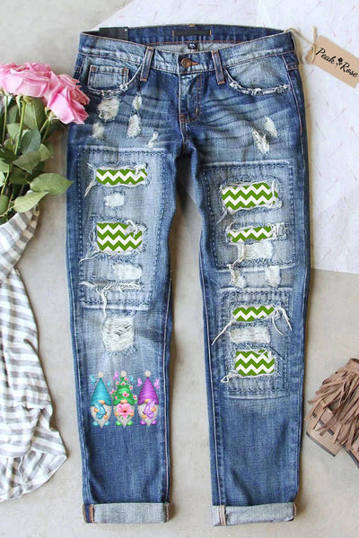 Ripped Denim Jeans Patchwork Spring Gnome Stripe