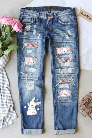 Cute Rabbit Print Ripped Denim Jeans