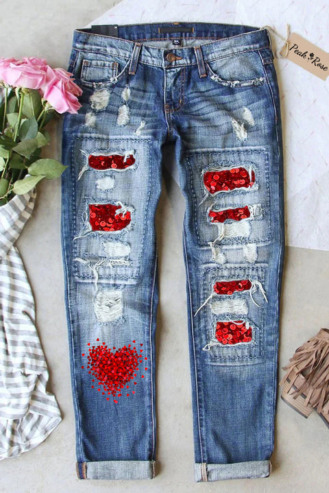 Love Heart Sequins Print Jeans