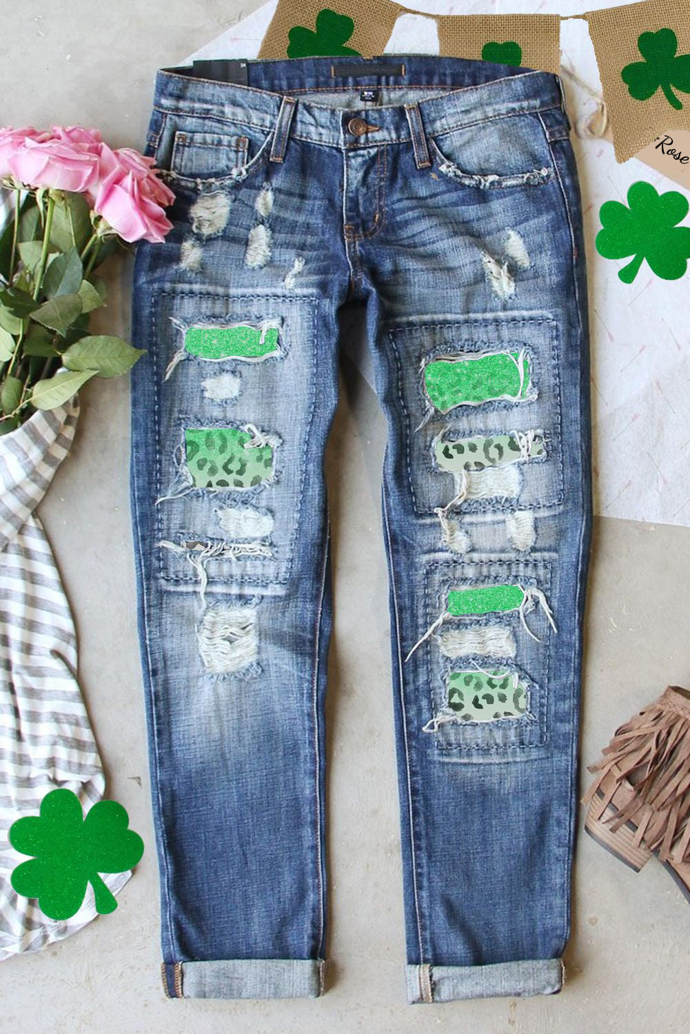 St. Patrick's Day Leopard Graphic Casual Mid Waist Ripped Jeans