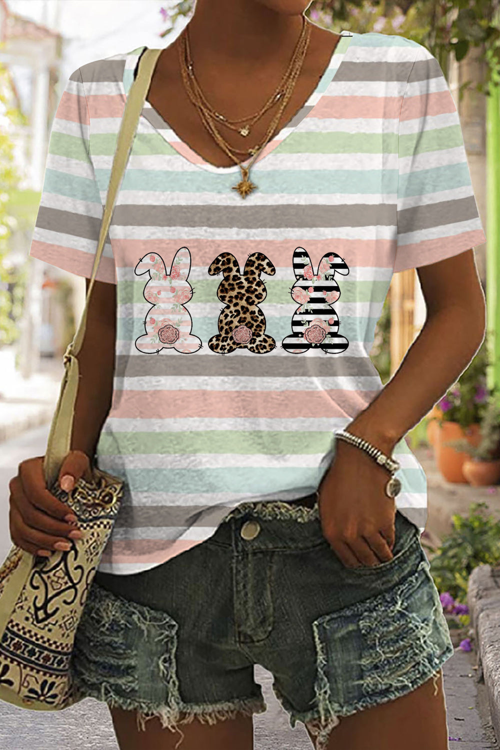 Cute Leopard Easter Bunny Stripe V Neck Short Sleeve T-shirt