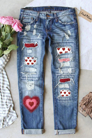 Full Love Glitter Overlapping Heart Jeans