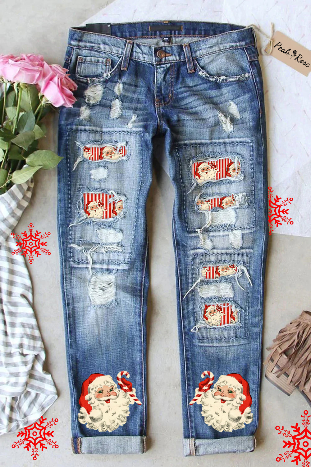 Rote Denim-Jeans mit Weihnachtsmann-Print