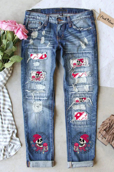 It's Cold Outside Like My Heart Skeleton Print Ripped Denim Jeans