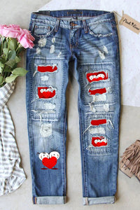 Lovers Red Heart-Shape Ripped Denim Jeans