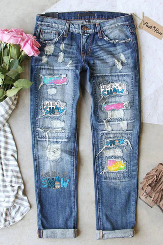Christmas Ripped Denim Jeans Patchwork Glitter Let It Snow