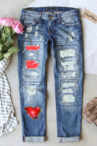 Laser Vintage Heart Print Ripped Jeans