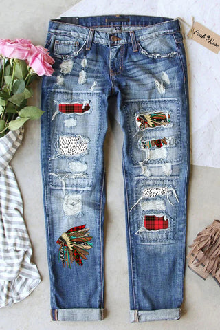 Ripped Denim Jeans Patchwork Plaid Indians