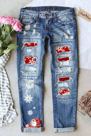 Snowflake And Snowman Print Ripped Denim Jeans