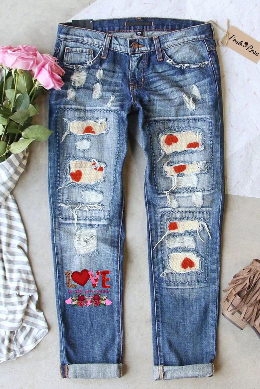 Love Is All You Need Little Love Heart Retro Ripped Denim Jeans