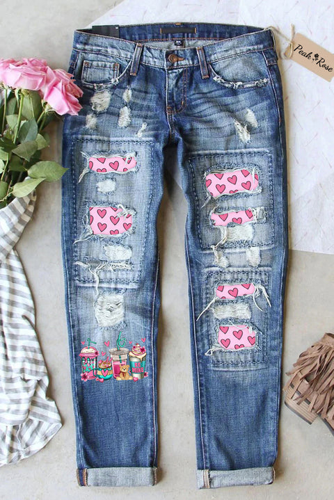 Love Coffee Cups Pink Heart Print Denim Jeans