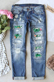 Spring/Summer Plant Print Ripped Denim Jeans