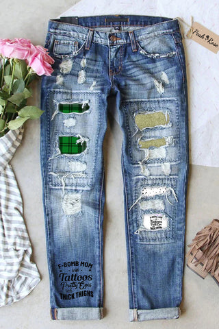 Zerrissene Jeans Patchwork F-Bomb Mom