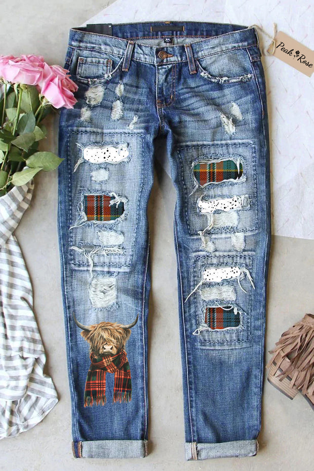 Plaid Highland Cow Ripped Denim Jeans