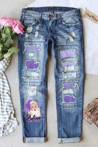 Purple Christmas Santa Believe Print Denim Jeans