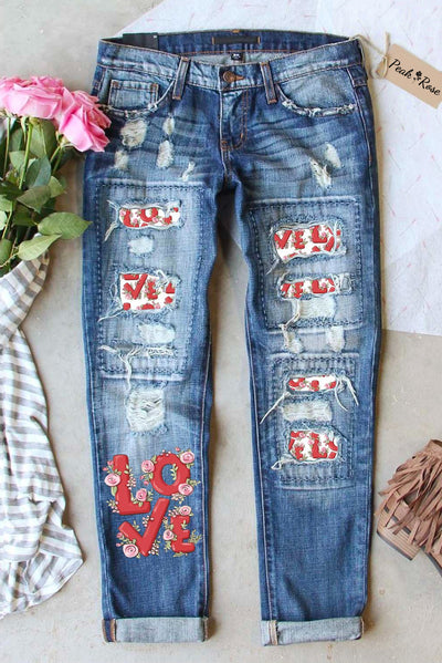 Love Heart-shaped Print Ripped Denim Jeans