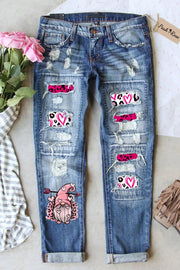 Gnome Print Ripped Denim Jeans