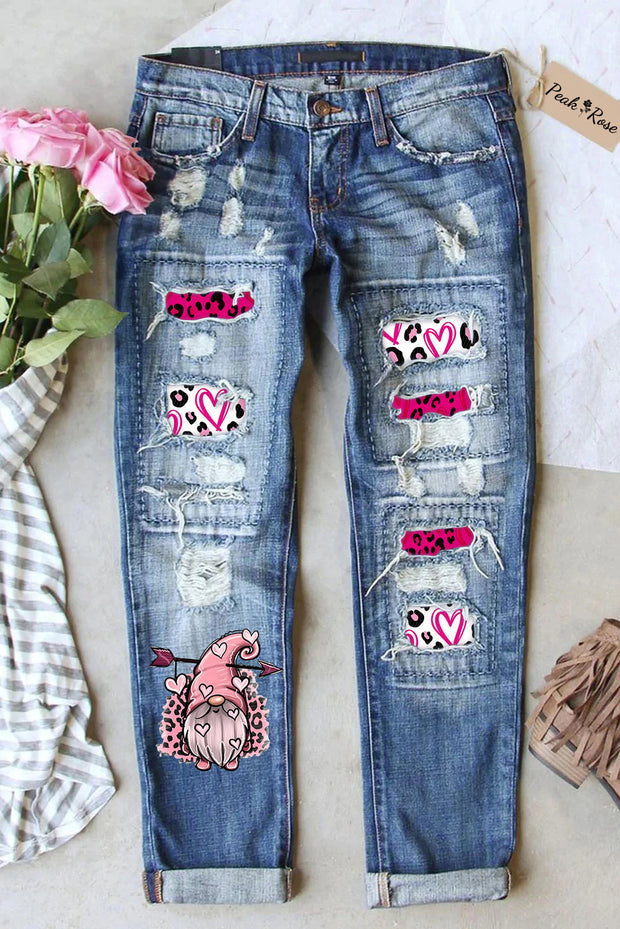 Gnome Print Ripped Denim Jeans