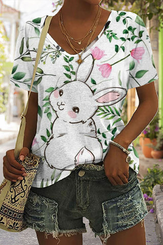 Easter Day Bunnies Floral Rabbits V Neck Short Sleeve T-shirt