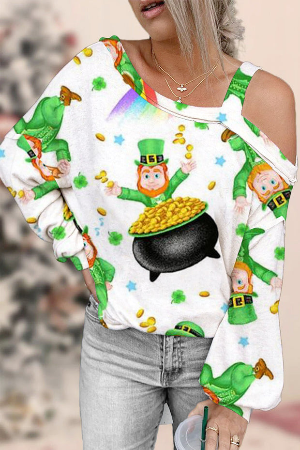 Cute Green Ireland Leprechauns Printed Off-shoulder Blouse