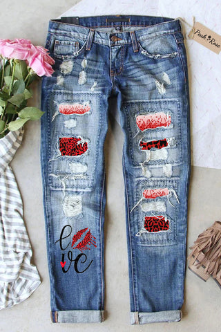 Love Print Ripped Denim Jeans