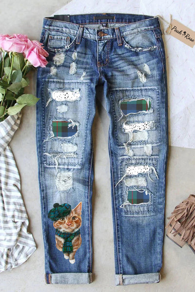 Green Plaid Cute Cat Ripped Denim Jeans