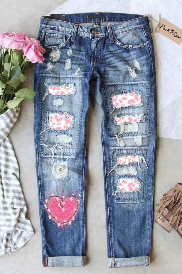 Pink Heart Lanterns Print Ripped Jeans