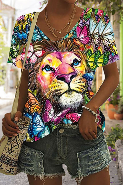 Lion Printings Tie-Dye V Neck T-shirt