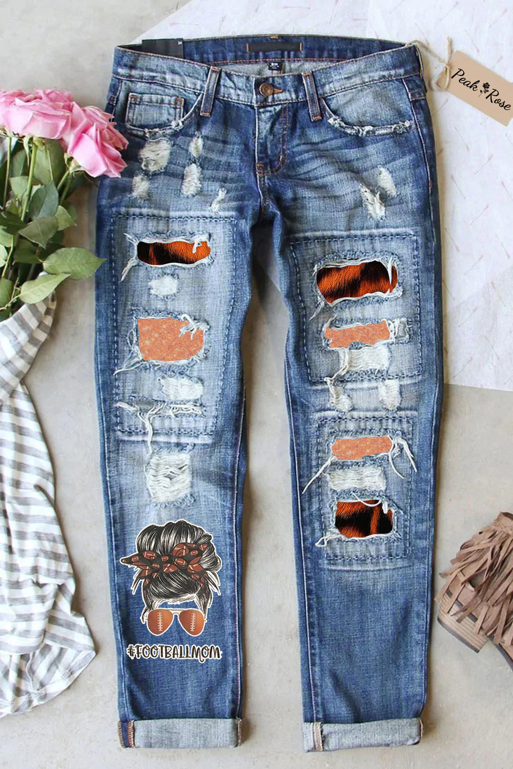 Football Mom Tiger Print Ripped Jeans