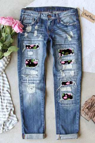 Flamingos Flowers And Plant Pattern Ripped Denim Jeans