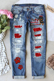 My Valentine Has Paws Print Ripped Denim Jeans