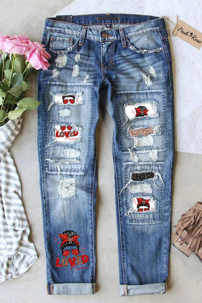 Ripped Denim Jeans Patchwork Loved Mama Ombre Glitter
