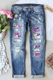 Purple Glitter Love Heart Ripped Denim Jeans