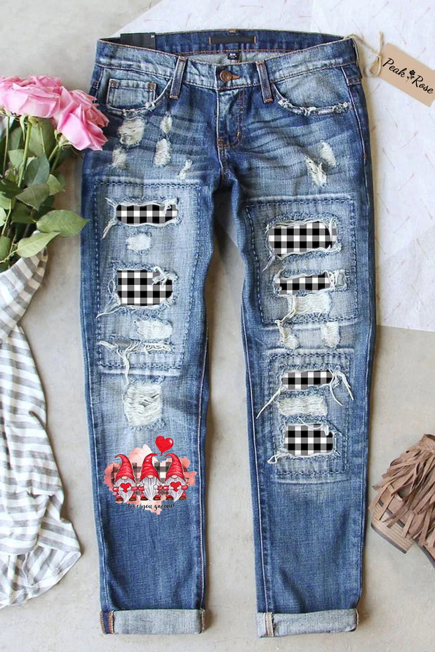 Gnome Plaid Ripped Denim Jeans