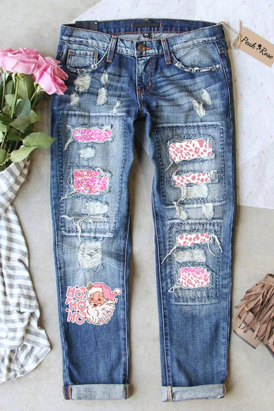Pink Light Blue Leopard Print Hoho Jeans