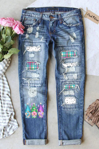 Ripped Denim Jeans Patchwork Spring Gnome Plaid