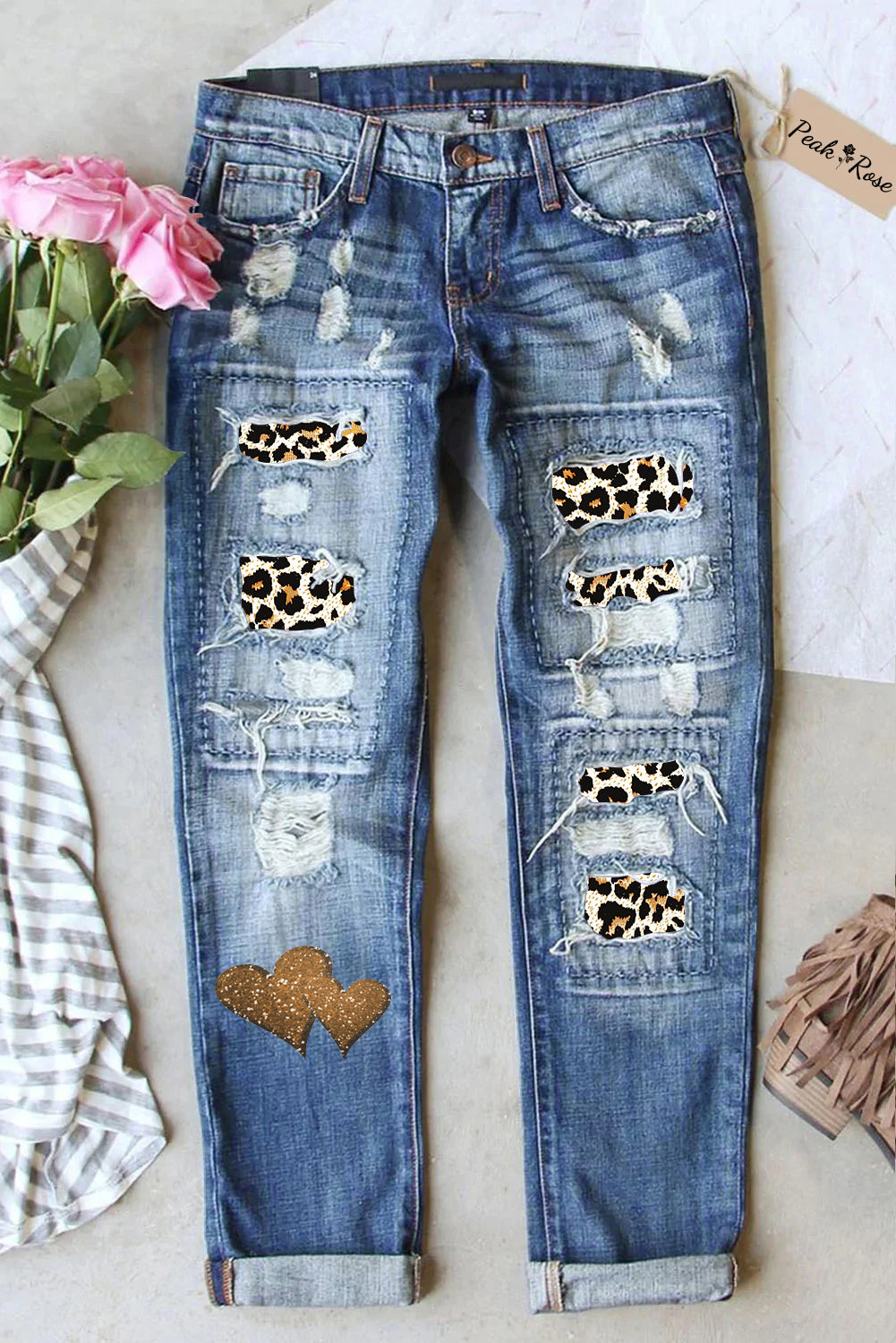 Leopard Print Heart Ripped Denim Jeans