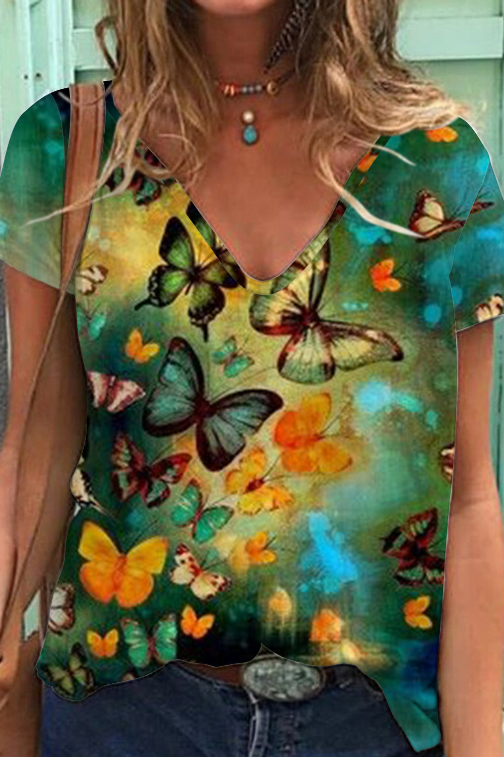 Casual Spring/Summer Butterflies Paintings V Neck Short Sleeve T-shirt