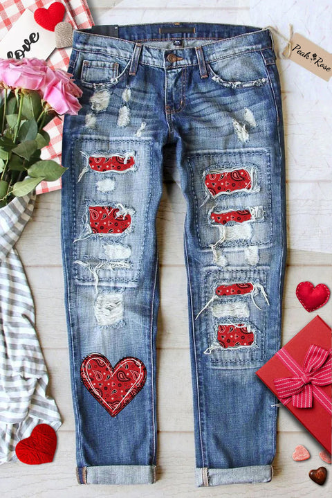 Love Heart Solid Heart-Shaped Casual Denim Jeans