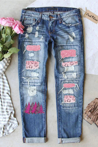 Ombre Pink Christmas Tree Denim Jeans