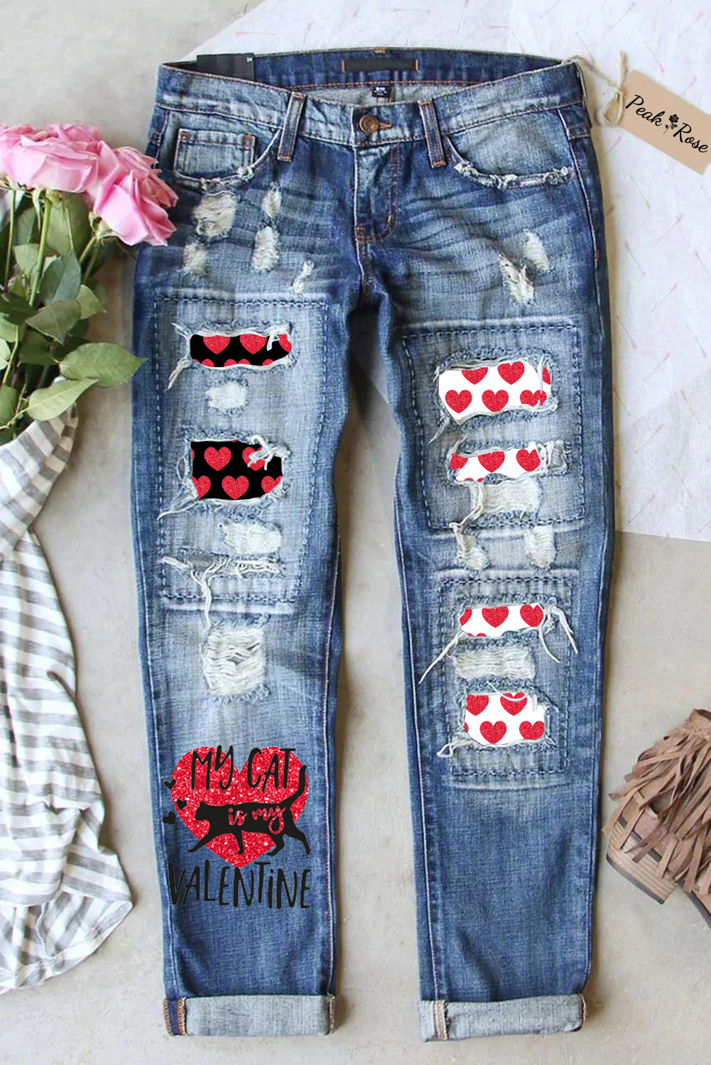 Love My Cat Is My Valentine Print Ripped Jeans