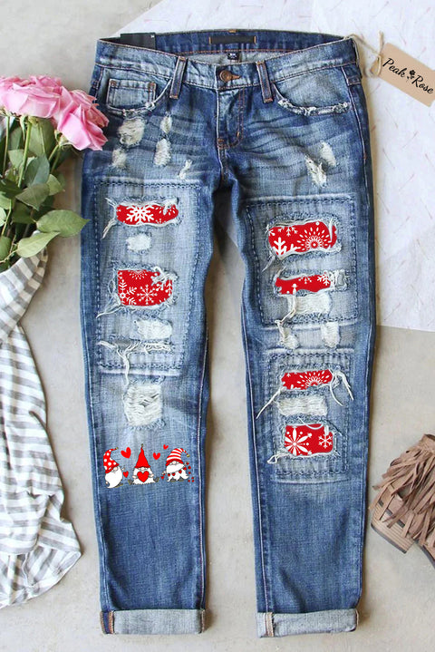 Gnome Print Ripped Denim Jeans