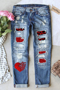 Red Sequin Love Ripped Denim Jeans