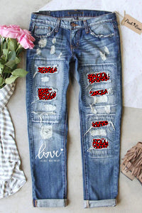 Love Is All You Need Red Leopard Print Ripped Denim Jeans