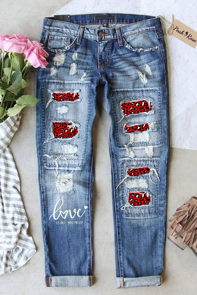 Love Is All You Need Red Leopard Print Ripped Denim Jeans