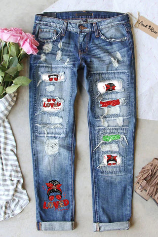 Ripped Denim Jeans Patchwork Loved Mama Green Red Glitter